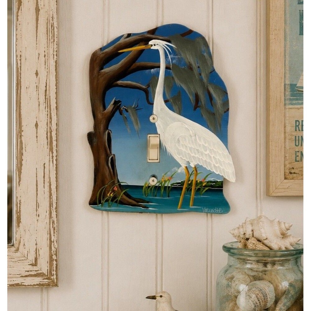 Vintage Heron Wooden Light Switch Cover Hand Painted Coastal Wall Decor USA